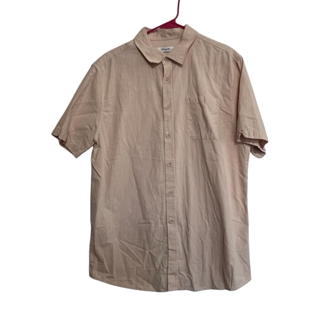 Jekaoyi Mens Short Sleeve Button Up Collared Dress Shirt Size Large Peach Linen